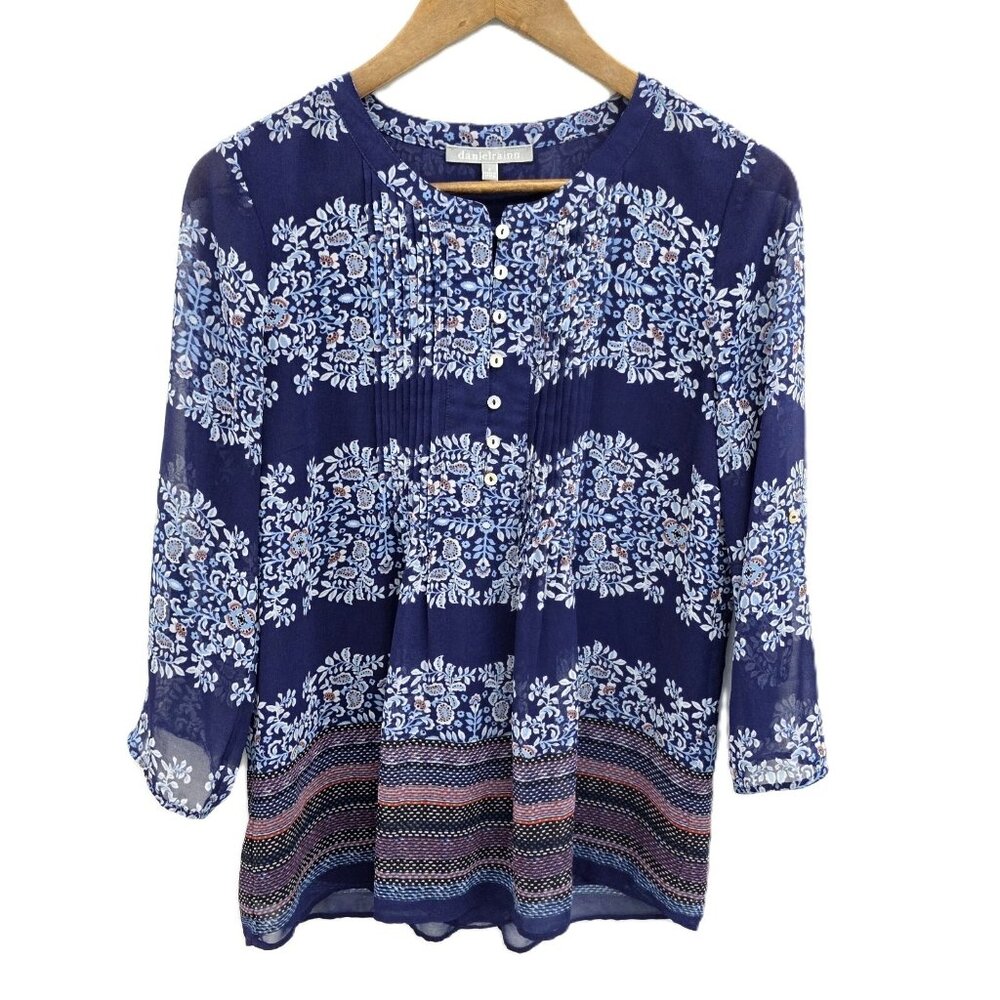 Daniel Rainn Floral Chiffon Blouse Womens Size S Blue Roll Tab Sleeve Fairycore